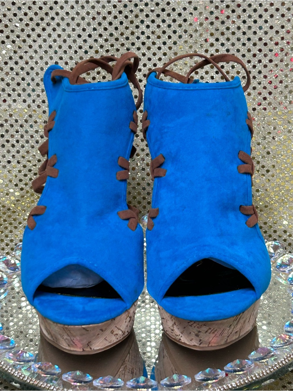 Scene Blue Suede Peep-Toe Platform Heels Size 8